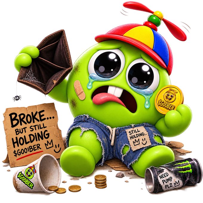 A cartoon-style image of a green blob character wearing a propeller hat and torn jeans, looking sad while holding an umbrella, with text reading 'BROKE... BUT STILL HOLDING $GOOBER' and 'STILL HOLDING', alongside a Monster can labeled 'NEED PUMP PLZ'.