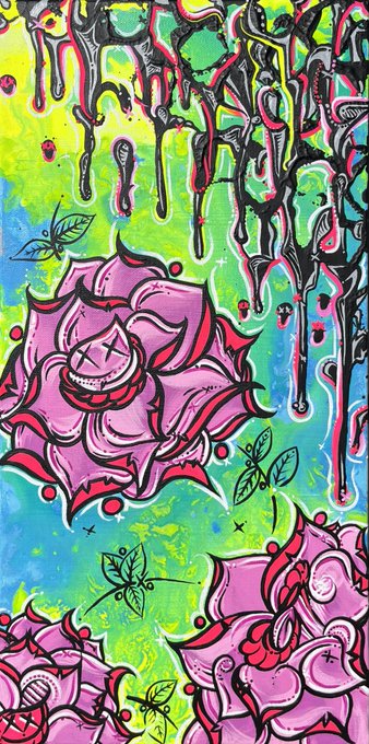 A vibrant, graffiti-style artwork featuring pink roses with stylized faces against a bright blue and green background with dripping paint effects at the top.