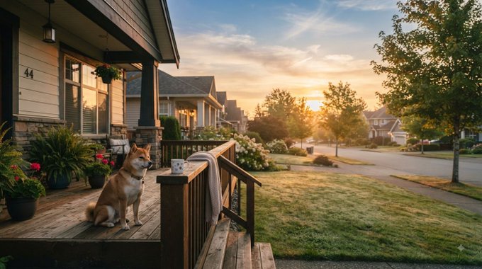 A Shiba Inu dog sits on a wooden front porch at sunset, with a coffee cup and blanket nearby, overlooking a quiet suburban street.