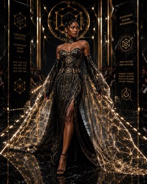 A digital artwork of a woman in an elaborate, glowing gold gown standing before a starry, mystical background with cryptic text like "CARDIAC CIRCUIT".