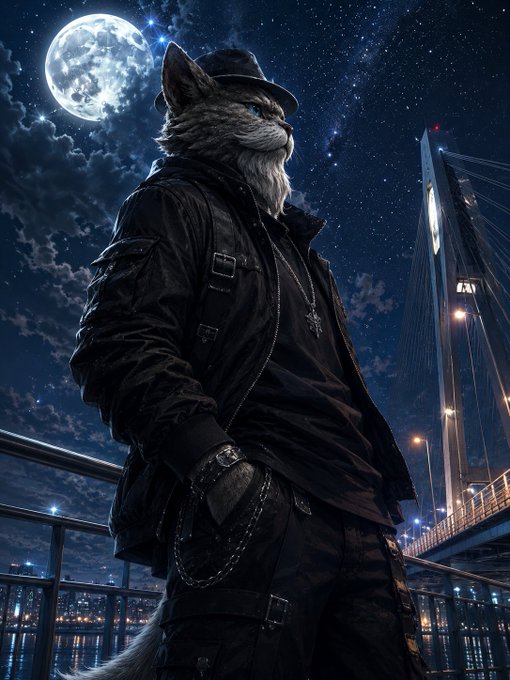 A digitally rendered anthropomorphic cat wearing a black leather jacket, fedora, and chains stands on a bridge overlooking a cityscape at night under a full moon.