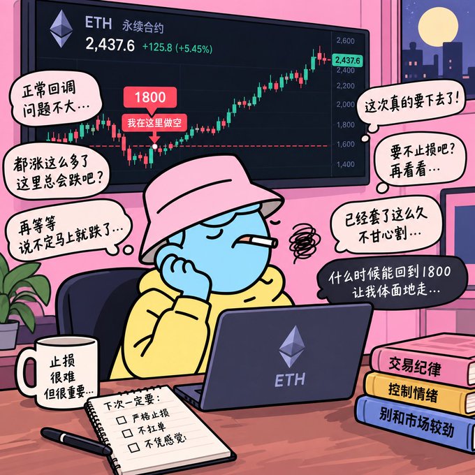 An illustration of a crying cartoon character in a bucket hat watching ETH (Ethereum) cryptocurrency charts at 2,437.6 (+5.45%), surrounded by Chinese text bubbles expressing trading anxieties and emotions.