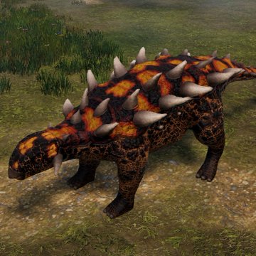 A 3D rendering of an Ankylosaurus dinosaur with orange and black coloring, featuring spiked armor plates along its back.