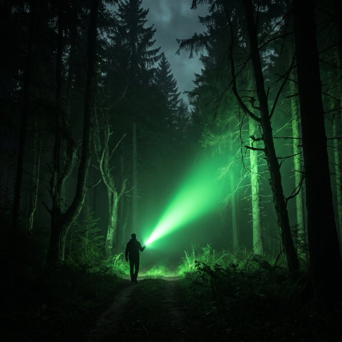 A person walks through a dark forest at night, holding a flashlight that emits a bright green beam into the woods.