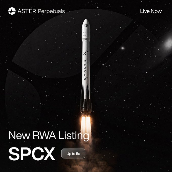 The image features an advertisement for a rocket launch company called RWA. The rocket is shown launching into space, with its flames visible as it soars through the air. Below the rocket, there's text that reads "New RWA listing SPCX". This suggests that the company has listed their product on a website named SPCX. The post also mentions that the company has converted this listing into a standard perp and is offering up to 50x leverage for users who want to invest in it.