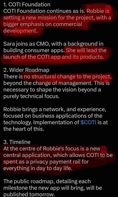 Text detailing COTI Foundation updates, noting Robbie's new mission focus on commercial development, Sara joining as CMO for the COTI app launch, and a privacy payment rail roadmap.