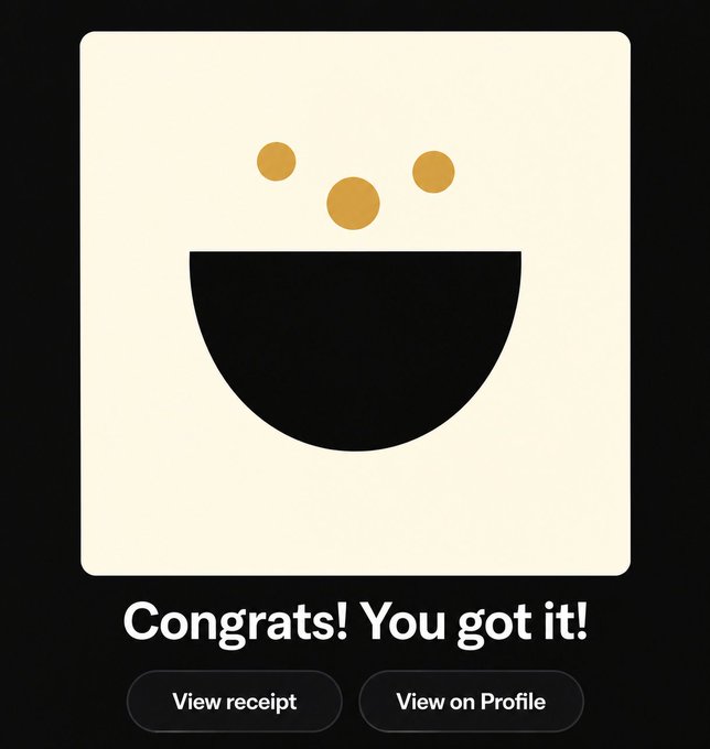 A digital receipt screen displaying the text 'Congrats! You got it!' above buttons to 'View receipt' and 'View on Profile', featuring a stylized bowl icon with gold dots.