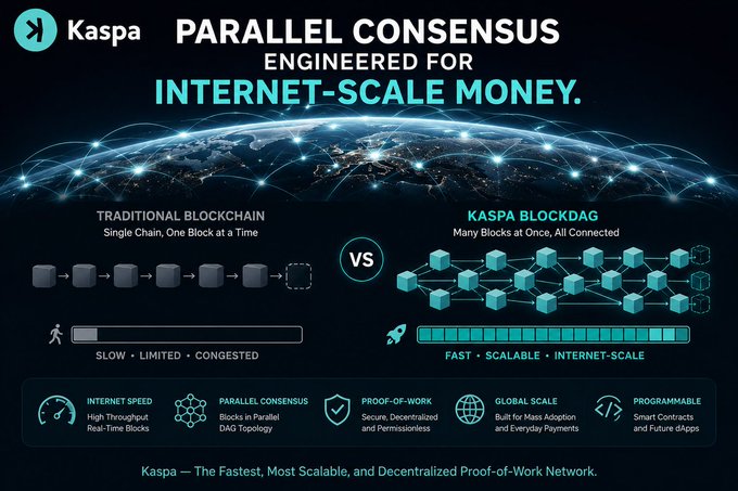 The image has a black background with blue, green, and white elements against it. It displays an infographic titled "Parallell Consensus vs Internet-Scale Money", which shows the differences between traditional blockchain and internet scale money. The infographic highlights features such as slow transactions, single chain, and faster speeds for internet scale payments. It also mentions that a few companies have already adopted this new type of currency called Parallel blockchain.