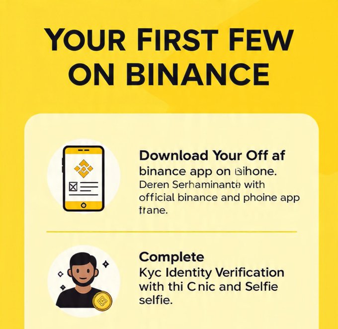 An infographic titled 'YOUR FIRST FEW ON BINANCE' with instructions to download the Binance app and complete KYC identity verification, featuring icons of a phone and a person.