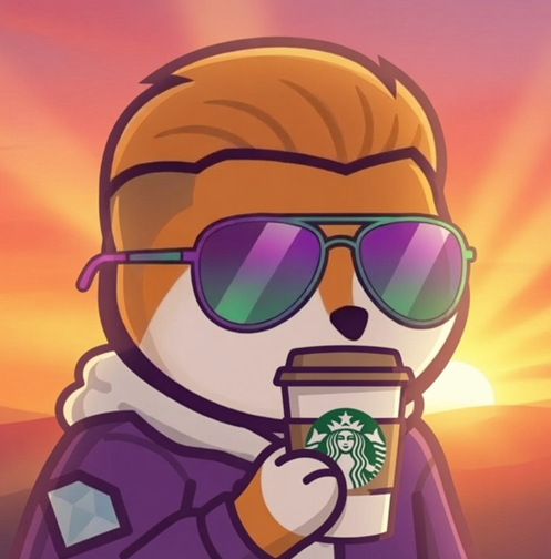 A cartoon Shiba Inu character wearing rainbow aviator sunglasses and a purple hoodie with an Ethereum logo, holding a Starbucks coffee cup against a sunset background.