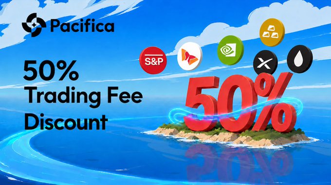 A Pacifica cryptocurrency exchange advertisement promoting a 50% trading fee discount with various token icons displayed on a tropical island background.