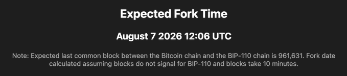 The image shows a screenshot of a website called "August 7" where there are details about a fork time for the Bitcoin chain. The website's post, titled "expected Fork Time," is written in white text against a dark grey background.