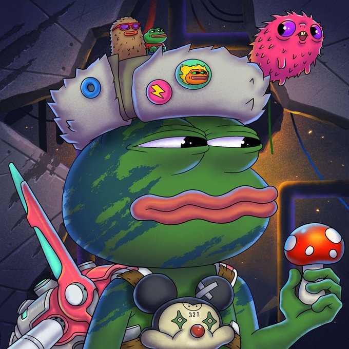 A digital illustration of a Pepe the Frog-style character with a grumpy expression wearing a spiked grey helmet adorned with pins, holding a mushroom and a red scissor-like weapon, with smaller bird and pink fuzzy characters perched on the helmet.