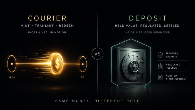 A split graphic contrasts "COURIER" (short-lived, in motion—mint, transmit, redeem) against "DEPOSIT" (held value, regulated, settled inside a trusted perimeter), with the tagline "SAME MONEY. DIFFERENT ROLE." The image visualizes the post's point: while the courier/settlement asset moves in transit, the treasury/reserve layer behind it—featuring treasury balance, regulated reserve, and audited & transparent attributes—represents the underlying liquidity infrastructure analogous to banks' pre-funded nostro accounts.