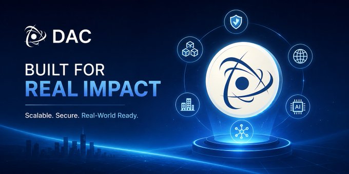 A blue technology-themed promotional graphic displays “DAC,” “BUILT FOR REAL IMPACT,” and “Scalable. Secure. Real-World Ready.” alongside icons for security, blockchain, networking, buildings, AI, and IT.