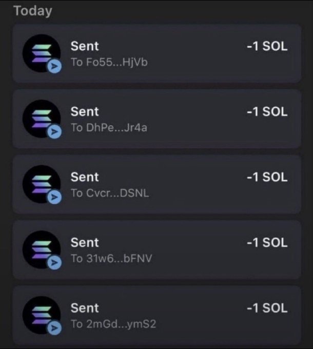 A transaction history shows five "Sent" entries, each deducting "-1 SOL" to different wallet addresses (Fo55...HjVb, DhPe...Jr4a, Cvcr...DSNL, 31w6...bFNV, 2mGd...ymS2), illustrating the distribution of SOL to participants as part of the "$BULLPURR" giveaway to the first 200 wallets.