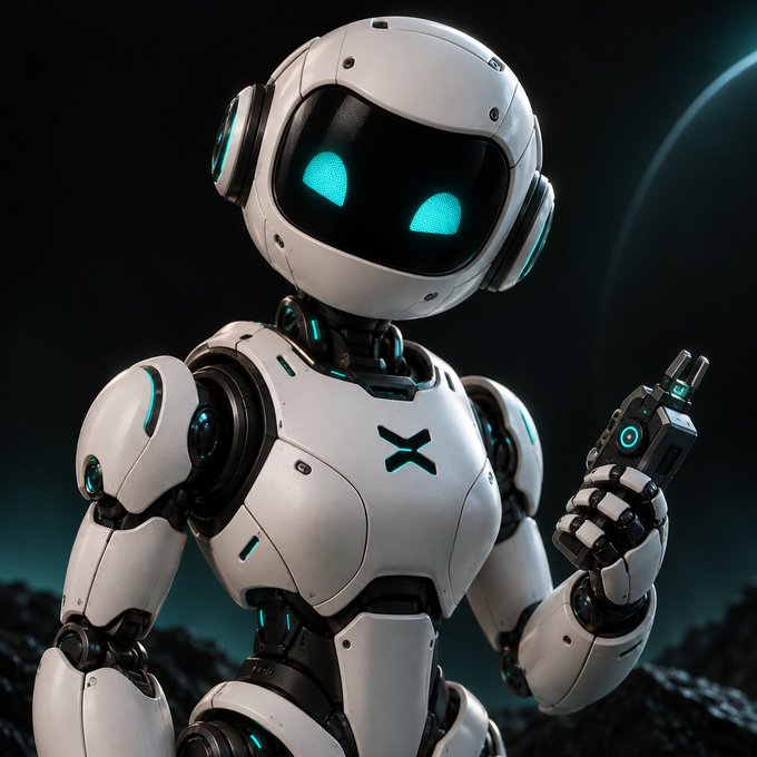 A futuristic white robot with glowing teal eyes and matching accent lights holds a small device against a cosmic backdrop, embodying the "who let the bots out" theme with its anthropomorphic, friendly design. The sleek humanoid figure has no visible text, branding, or tickers, relying entirely on its sci-fi aesthetic to play on the playful post's robotic reference.