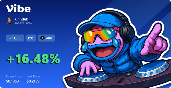 A crypto token card displays "Vibe" by "uhhdub" with a +16.48% gain (open $0.1853, last $0.2159) alongside a cartoon DJ character.