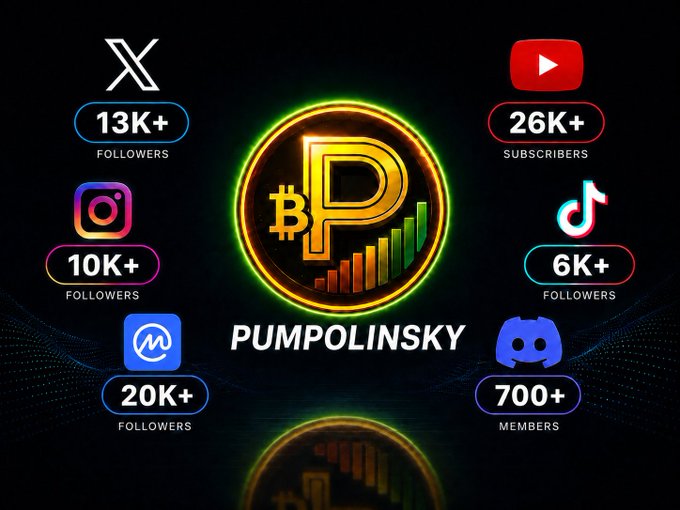 A social media graphic for 'PUMPOLINSKY' displays a gold coin logo surrounded by follower counts: X (13K+), YouTube (26K+), Instagram (10K+), TikTok (6K+), and others.