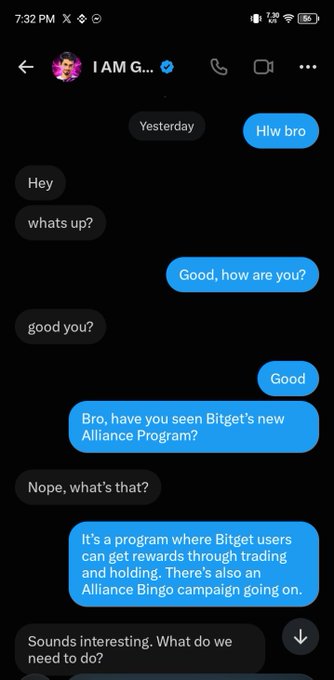 A screenshot of a chat conversation between 'I AM G...' and another person discussing Bitget's new Alliance Program and an Alliance Bingo campaign.