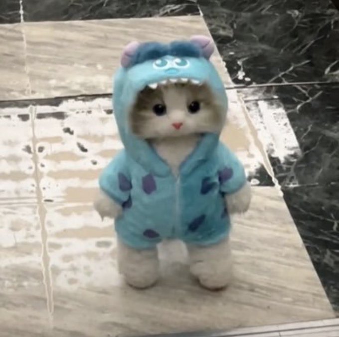A small kitten wearing a blue hooded onesie costume with dinosaur-like spikes and ears, standing on a wet tiled floor.