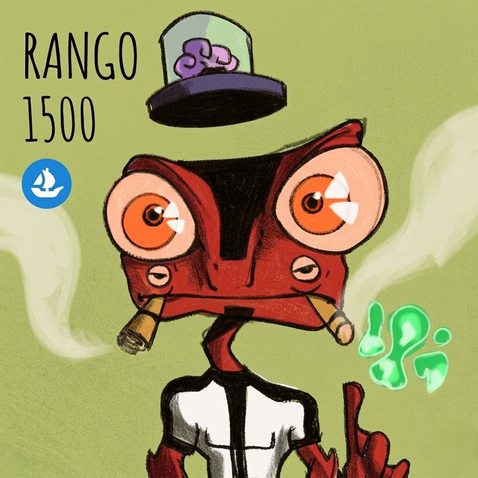 The image features a cartoon character, likely an anthropomorphic lizard or turtle, wearing a hat with a flower on top of its head. The character has a cigarette in one hand and a pipe in the other. The background appears to be green, possibly representing a forest or jungle setting. The post includes text that reads "Rango 1500", which is likely a reference to the artist's name or the title of their work.