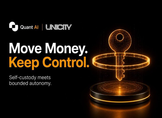 A promotional graphic for 'Quant AI | UNICITY' featuring the text 'Move Money. Keep Control.' and 'Self-custody meets bounded autonomy' alongside a glowing orange key symbol on a pedestal.