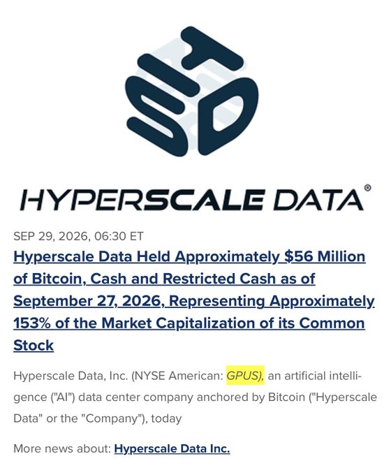 A press release from Hyperscale Data, Inc. (NYSE American: GPUS) dated September 29, 2026, announcing that the company held approximately $56 million in Bitcoin, cash, and restricted cash.