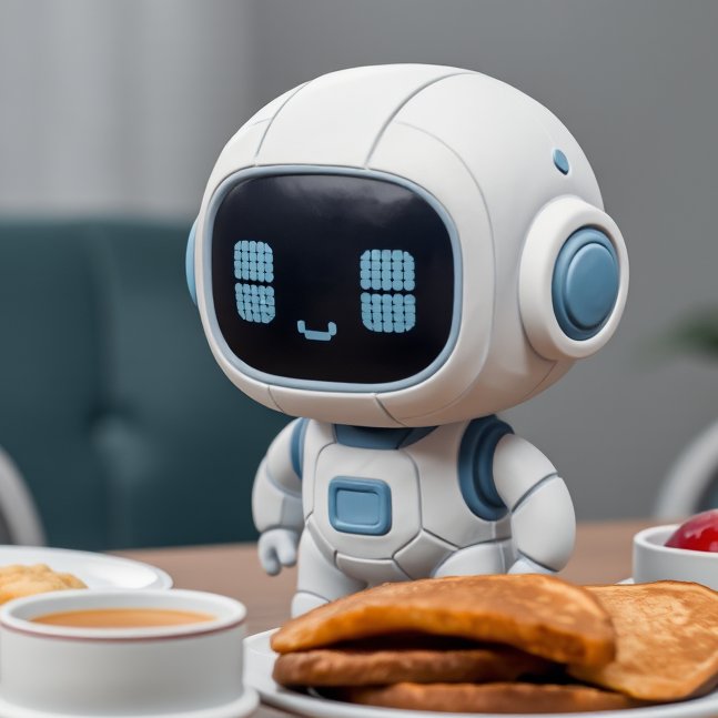 A small white and blue robot with a digital pixel-art face standing at a table with a plate of pancakes, a bowl of soup, and a small red item.