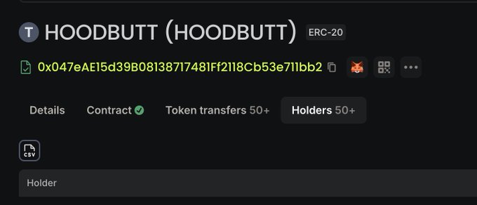 A cryptocurrency tracking interface displays details for the ERC-20 token "HOODBUTT (HOODBUTT)" with contract address "0x047eAE15d39B08138717481Ff2118Cb53e711bb2" and tabs for Details, Contract, Token transfers 50+, and Holders 50+.