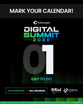 A countdown graphic for the Tokocrypto Digital Summit 2026 displays "01 DAY TO GO" in bold typography, with event details noting "19 October 2026" in "Bali, Indonesia" alongside sponsor logos for BBTW 2026 and KOMDIGI, building anticipation for the upcoming Bali Tech Week gathering.