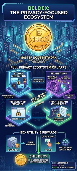 An infographic titled 'BELDEX: THE PRIVACY-FOCUSED ECOSYSTEM' detailing features like Master Node Network, B-Chat Messaging, BEL-NET VPN, Private Web Browser, and Private Smart Contracts.