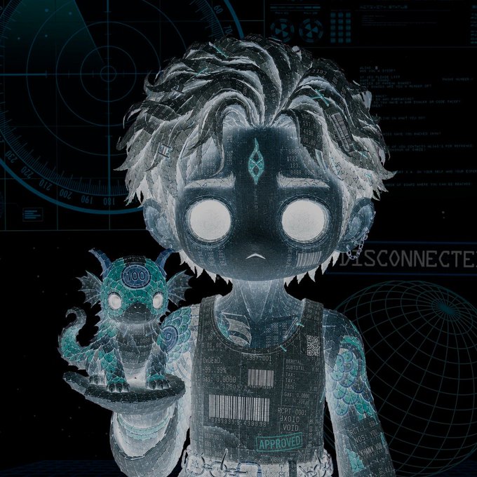 A digital artwork of a character with glowing white eyes holding a small creature, set against a dark background with a wireframe globe and the text 'DISCONNECTED' and 'APPROVED'.