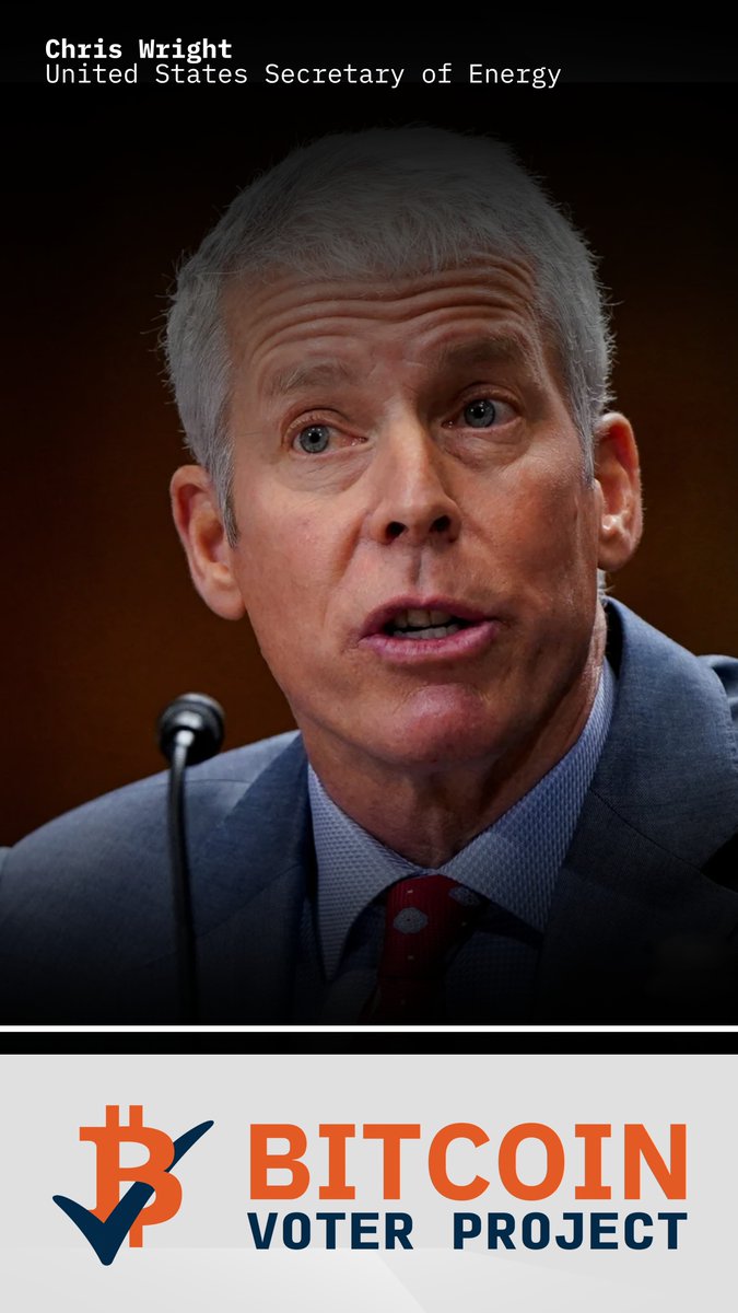 A close-up photo of Chris Wright, identified by text as the United States Secretary of Energy, speaking at a hearing. The "Bitcoin Voter Project" logo appears at the bottom, complementing the post's discussion of energy Secretary Wright's stance supporting data center development and Bitcoin mining.