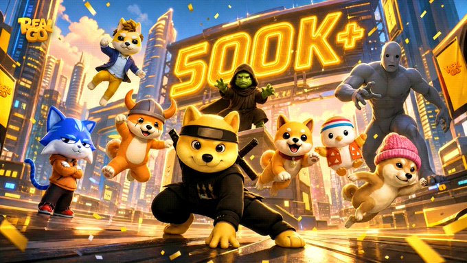 A vibrant celebratory image features a group of cute cartoon dog characters and other figures in ninja-style attire striking dynamic poses in front of a futuristic cityscape, with "500K+" displayed prominently in glowing text and "REAL DOG" in the corner. The image visually reinforces the post's milestone celebration of surpassing 500,000 users, with the energetic characters and bold "500K+" graphic capturing the excitement of reaching this community achievement.