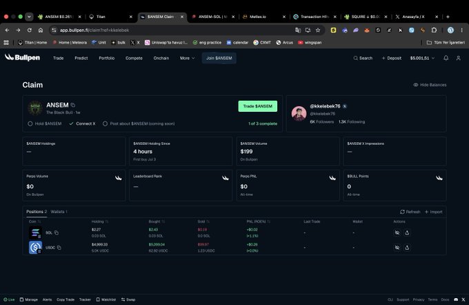 A screenshot of the Bullpen platform showing an "ANSEM" claim with $199 on-chain volume and $199,005.04 USDC holdings, displaying positions in SOL and USDC with narrow PNL ranges (≈$1.04 to -$0.29). The image illustrates the trading activity referenced in the caption, highlighting the narrow range strategy used to generate fees and pump volume for a potential BONK airdrop.
