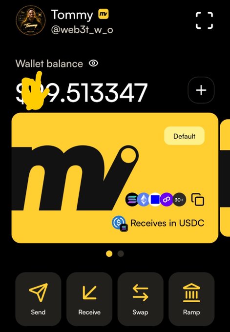 The image shows a crypto wallet screenshot for user "Tommy" (@web3t_w_o) displaying a balance of $19.513347 USDC on what appears to be the Phantom wallet interface. This complements the caption by showing the tangible reward received for community engagement, with the modest but meaningful amount reflecting the appreciation expressed toward @moovexyz for recognizing contributions.