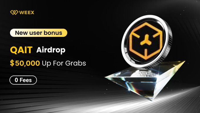 The image features a poster for a new user bonus called "QAIT Airdrop" that offers 50,000 US dollars as an up-front payment for trading. The poster also includes a pyramid design with a diamond shape at its center, which is a symbol often associated with cryptocurrency mining and the concept of rewards in digital economies.
