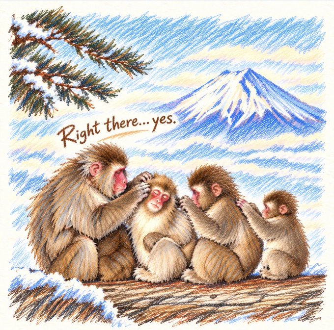 A hand-drawn snowy scene shows four Japanese macaques beneath a snow-covered pine branch, with Mount Fuji in the background and the text “Right there... yes.”