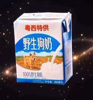 A 200ml carton labeled "野生狗奶" (Wild Dog Milk) marketed as "100%野生纯奶" (100% wild pure milk) with "粤西特供" (Yuexi specialty) branding, featuring an image of a puppy and a milk splash. The packaging humorously riffs on the post's existential musing about transcending time and never expiring, playing on the absurdity of "wild dog milk" as a never-spoiling product.