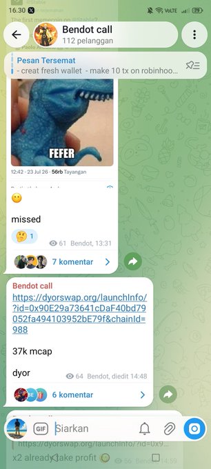 A Telegram chat interface shows a conversation with 'Bendot call' containing crypto links, a dinosaur meme image labeled 'FEER', and messages mentioning 'dyorswap' and 'mcap'.