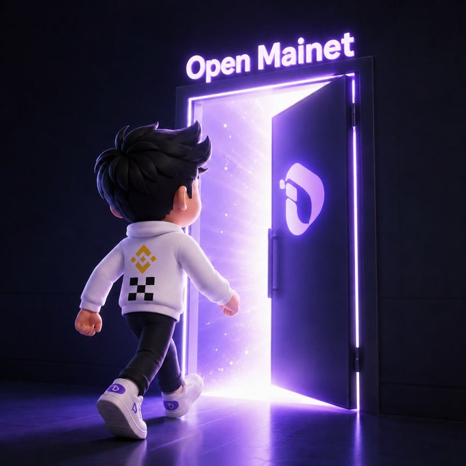 A 3D-rendered cartoon character wearing a white hoodie with the Binance logo walks toward a glowing purple portal labeled "Open Mainnet," symbolizing InterLink's approaching mainnet launch as teased in the accompanying post.