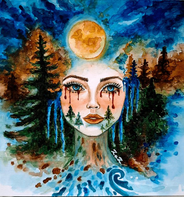A surreal watercolor painting depicting a pale face with blue tree-like extensions for hair, a full moon acting as a headdress, and trees growing from the cheeks with red tear-like marks under the eyes.