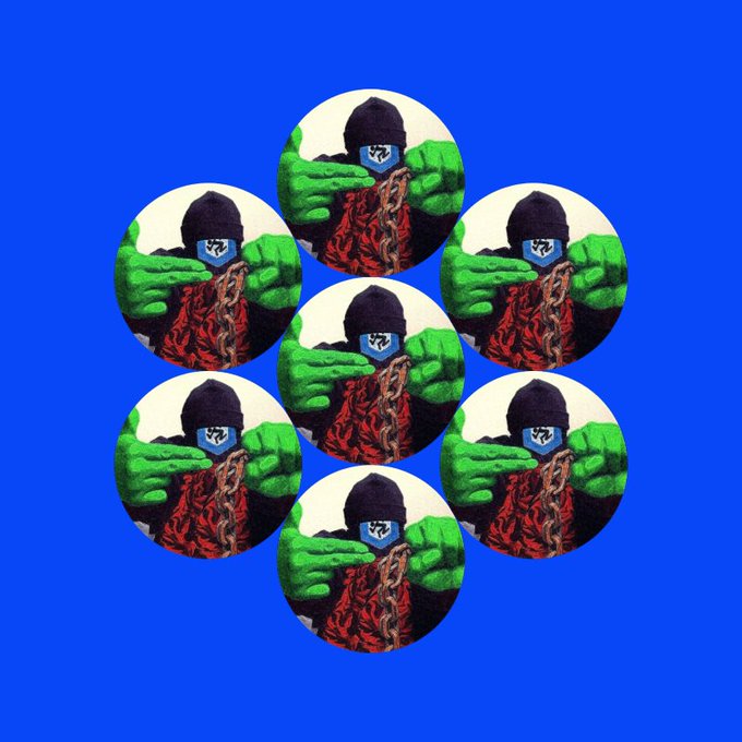 The image features a blue background with seven circles, each containing an illustration of a person wearing a green hat and holding onto a chain. The text "Happy 7 Chainlink" is present within the circles, indicating that there are seven instances of this particular scene. This composition creates a sense of repetition and emphasizes the theme of chains in various contexts.