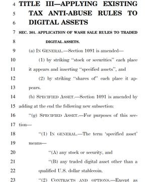 A document excerpt titled "TITLE III—APPLYING EXISTING TAX ANTI-ABUSE RULES TO DIGITAL ASSETS" detailing amendments to Section 1091 regarding specified assets.