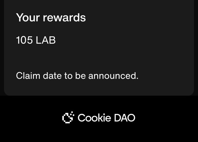 A screenshot of a phone screen that displays the information about a rewards allocation for Lab 105 DAO. The text indicates that the reward allocation has been confirmed, with a claim date of August 15th. The allocation value amounts to $105 lab, which is listed as confirmed by the CookieDAO app and confirmed via their respective teams. The claim date was confirmed on July 15th.