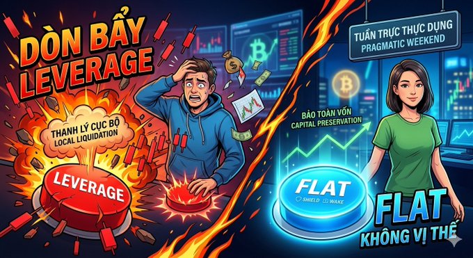A Vietnamese trading infographic contrasting "ĐÒN BẨY LEVERAGE" (Local Liquidation) showing a stressed trader in flames versus "FLAT" with Capital Preservation showing a calm trader, labeled "PRAGMATIC WEEKEND."
