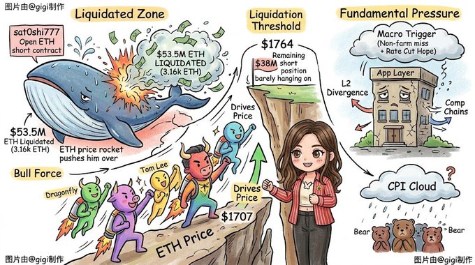 An illustrated infographic about Ethereum (ETH) liquidation dynamics, showing concepts like 'Liquidated Zone,' 'Liquidation Threshold' at $1764, 'Fundamental Pressure' including CPI Cloud and App Layer Divergence, with mentions of 'sat0shi777' and 'Tom Lee'.