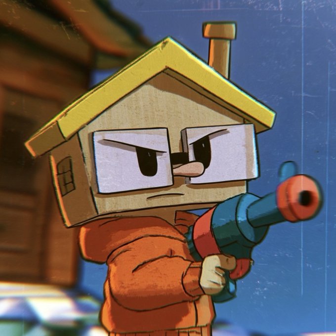 A cartoon illustration of a house-headed character wearing an orange jacket and holding a large red and blue gun with an intense expression.