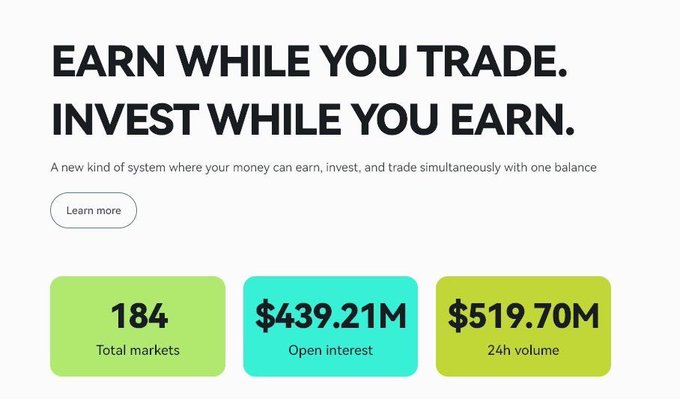 A crypto-style landing page reading “EARN WHILE YOU TRADE. INVEST WHILE YOU EARN.” with statistics for 184 total markets, $439.21M open interest, and $519.70M 24h volume.